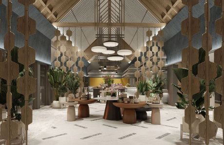 L'image montre le hall &eacute;l&eacute;gant d'un h&ocirc;tel JW Marriott au design moderne avec des cloisons g&eacute;om&eacute;triques en bois, des suspensions &eacute;l&eacute;gantes et une verdure luxuriante..jpg
