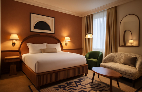 Um elegante quarto de hotel boutique com m&oacute;veis de design personalizado.jpg